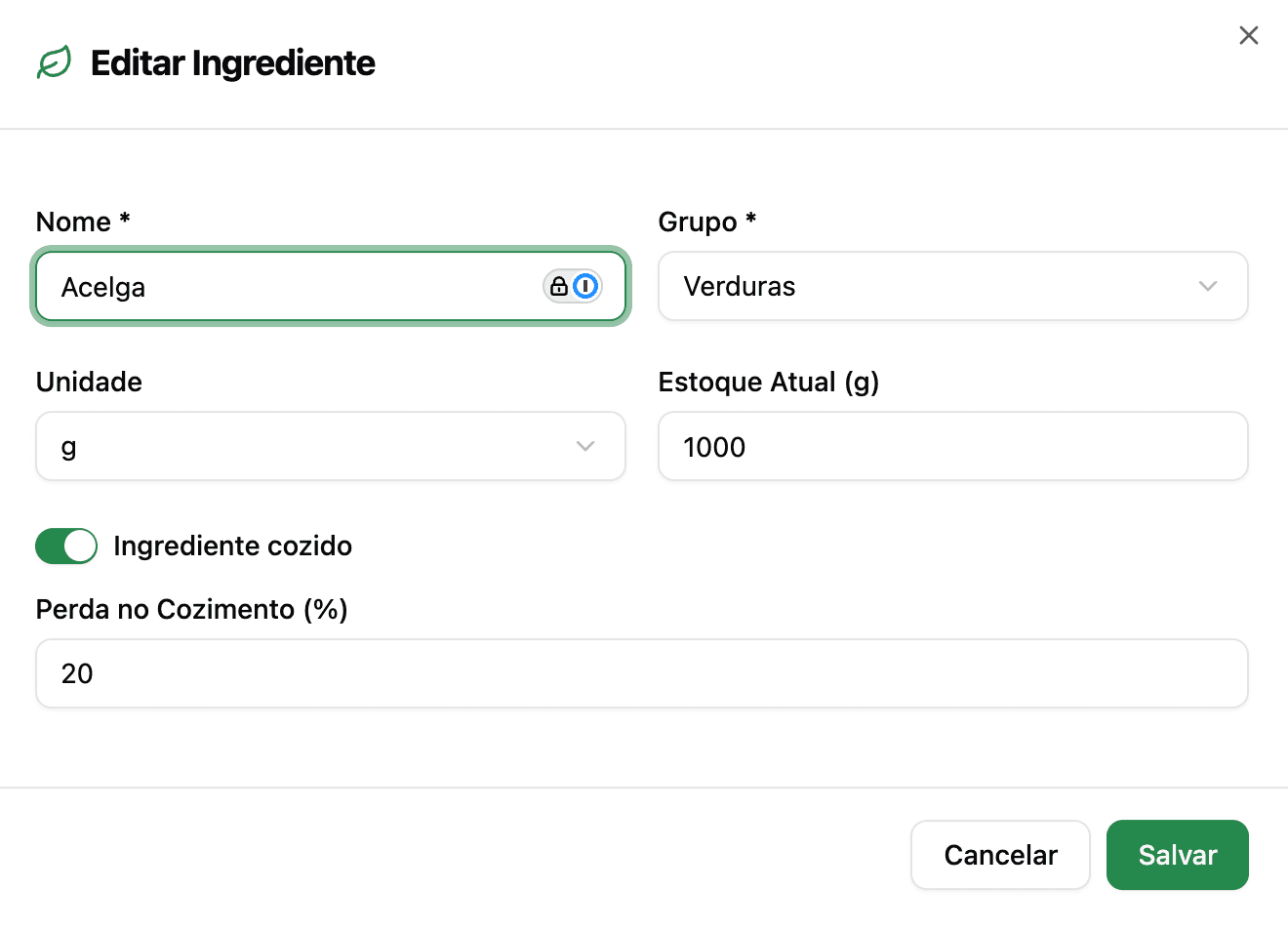 Cadastro de ingrediente com taxa de perda no cozimento e estoque