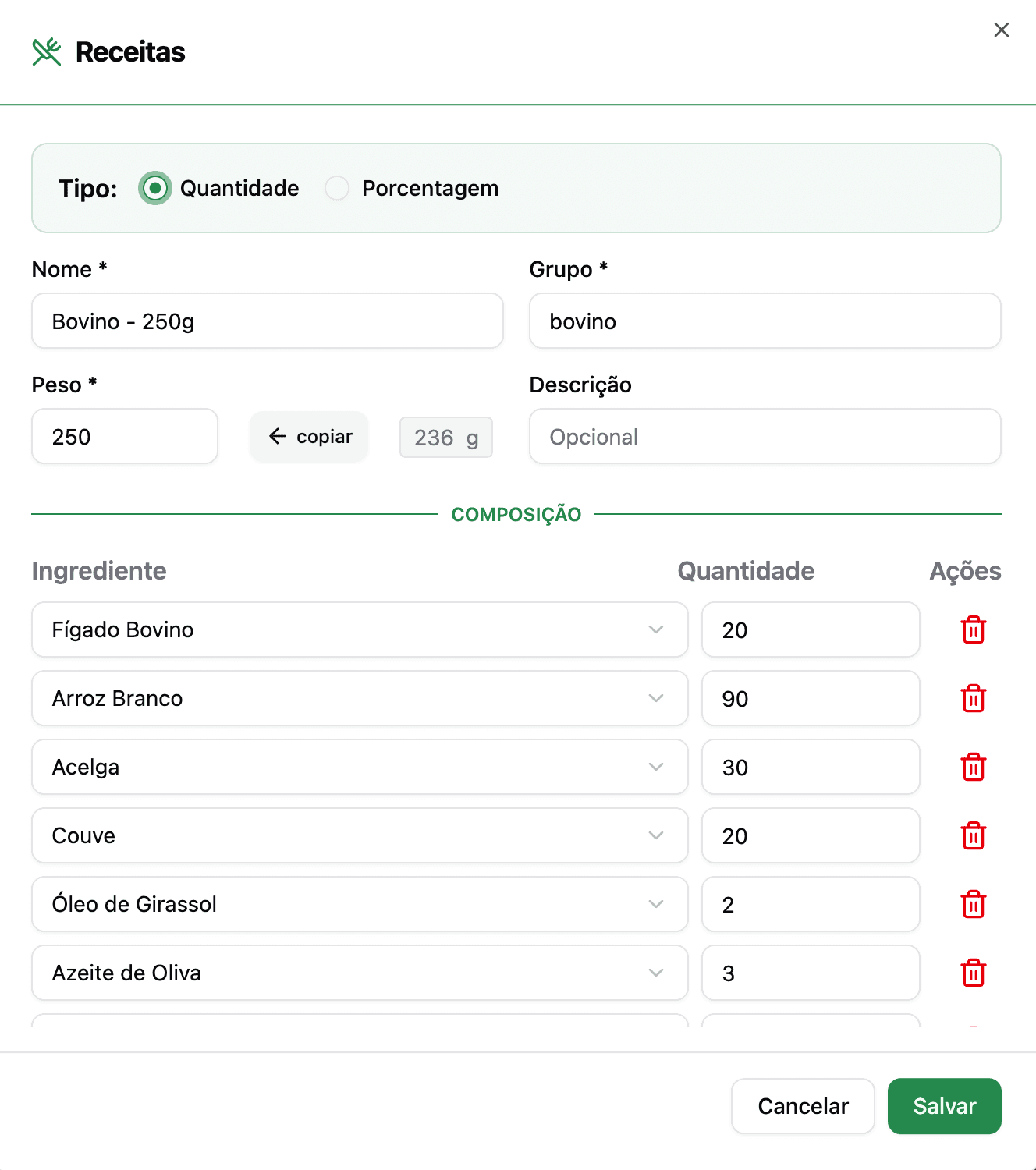 Editor de receita do CozinhaPet Pro com composição de ingredientes