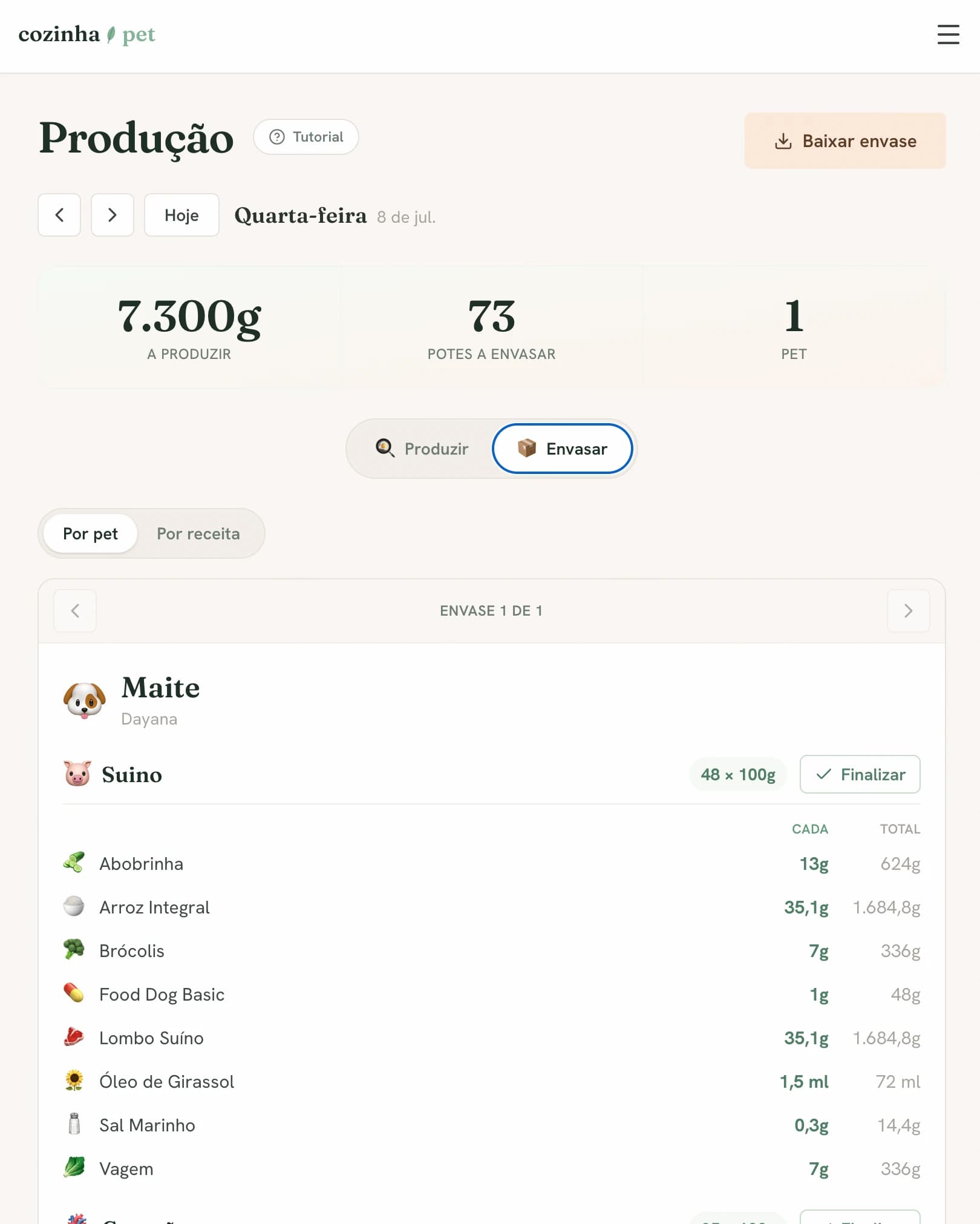 Tela de envase por pet do CozinhaPet, com a quantidade de cada ingrediente por pote e o total