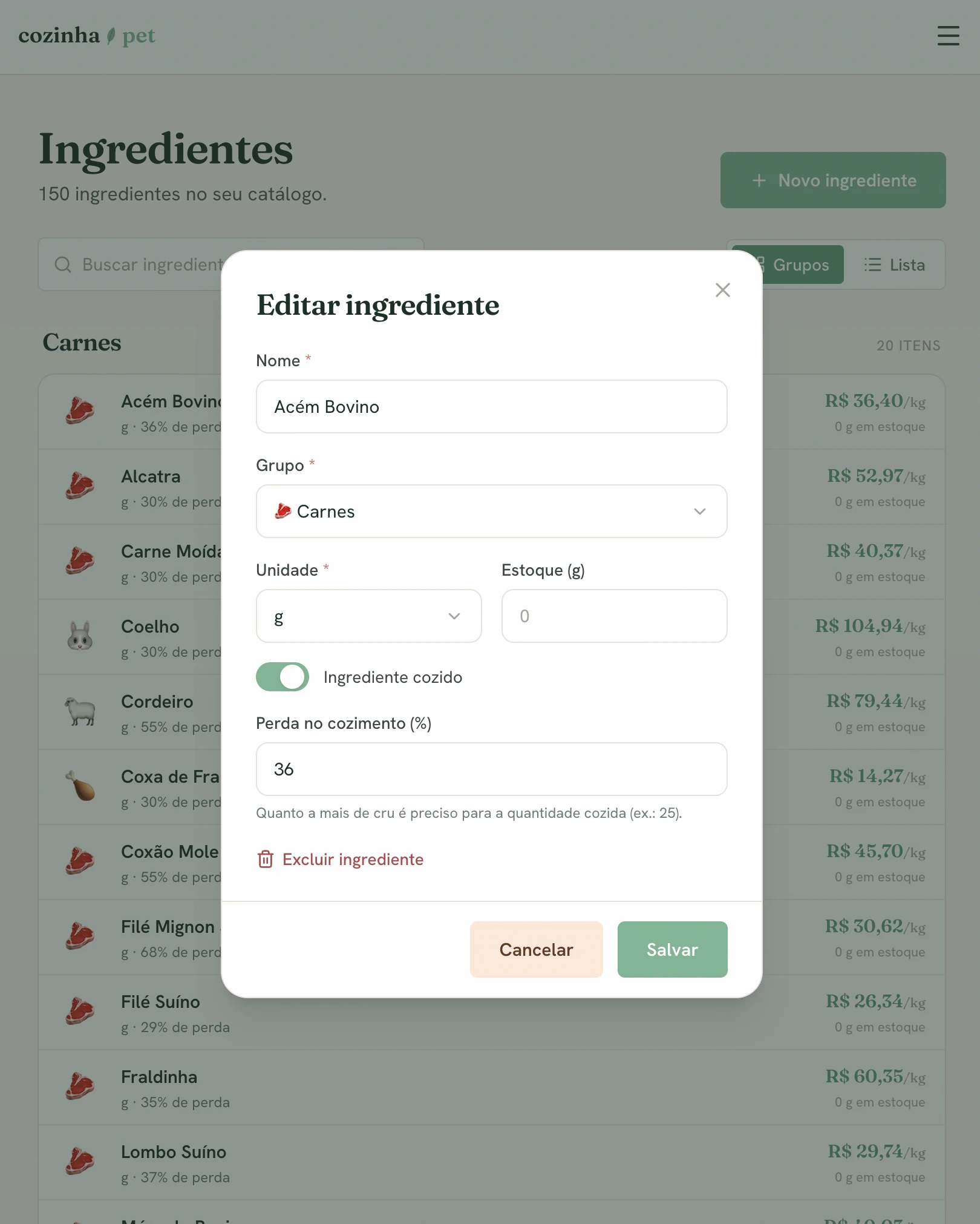 Cadastro de ingrediente do CozinhaPet com a perda no cozimento de 36% e o estoque atual